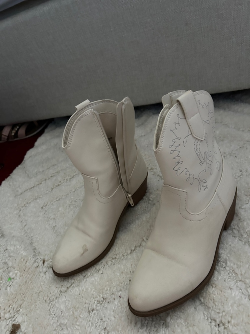 Cream Embroidered Western Ankle Booties